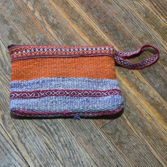 Handmade Handbags - Handmade Woven Boho Wool Wristlet Pouch – Orange & Purple‎ Tribal Pattern